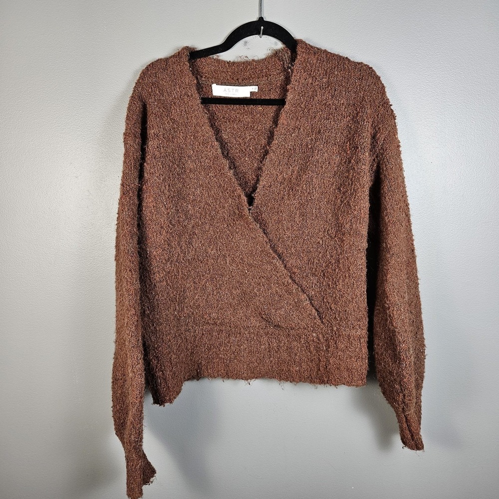 ASTR The Label Womens M Sweater Faux Wrap V Neck Balloon Sleeve Wool Blend Rust